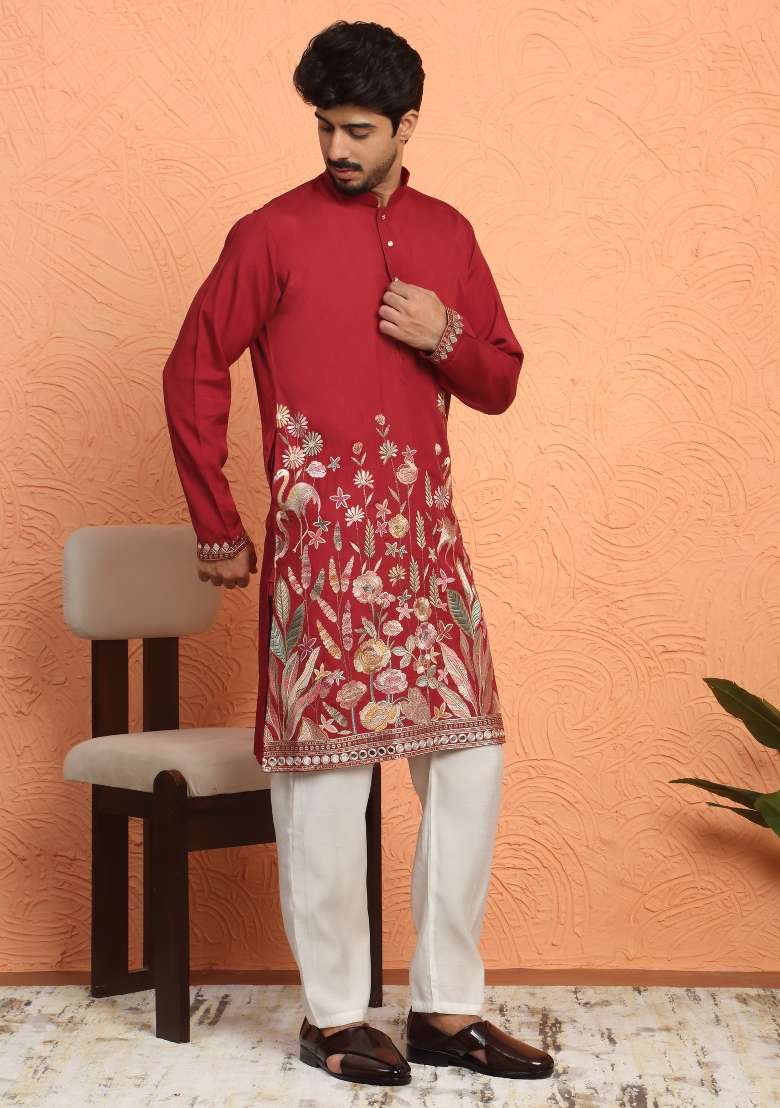 Maroon Embroidered Silk Blend Kurta For Men - Indya