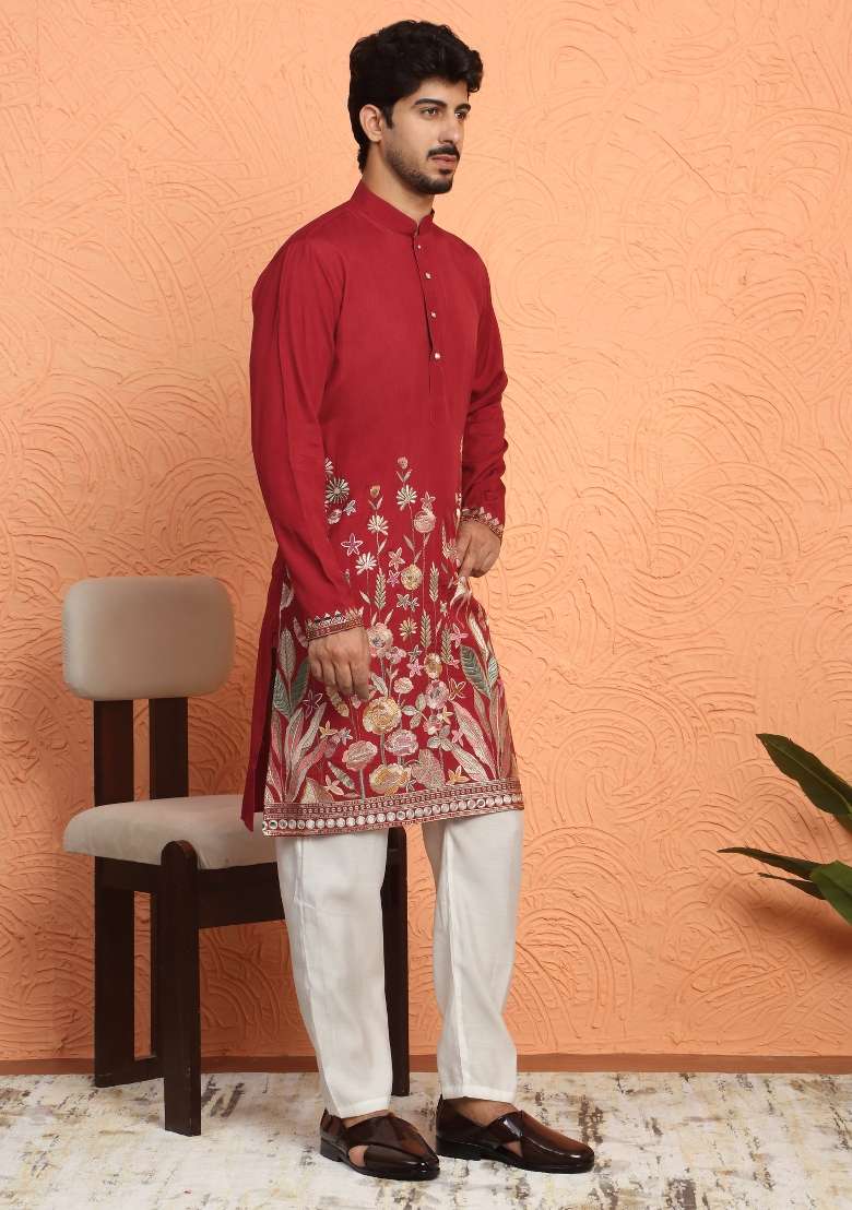 Maroon Embroidered Silk Blend Kurta For Men - Indya