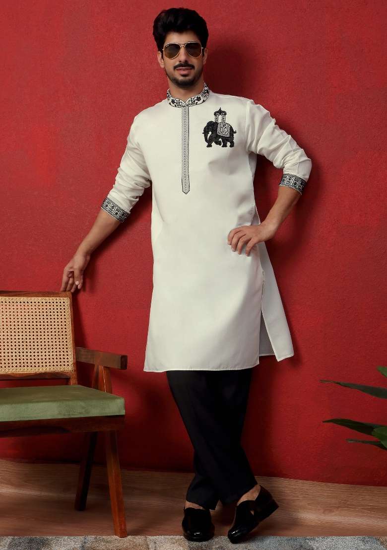 Cream Embroidered Silk Blend Kurta For Men - Indya