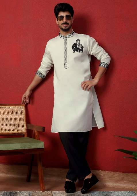 Cream Embroidered Silk Blend Kurta For Men