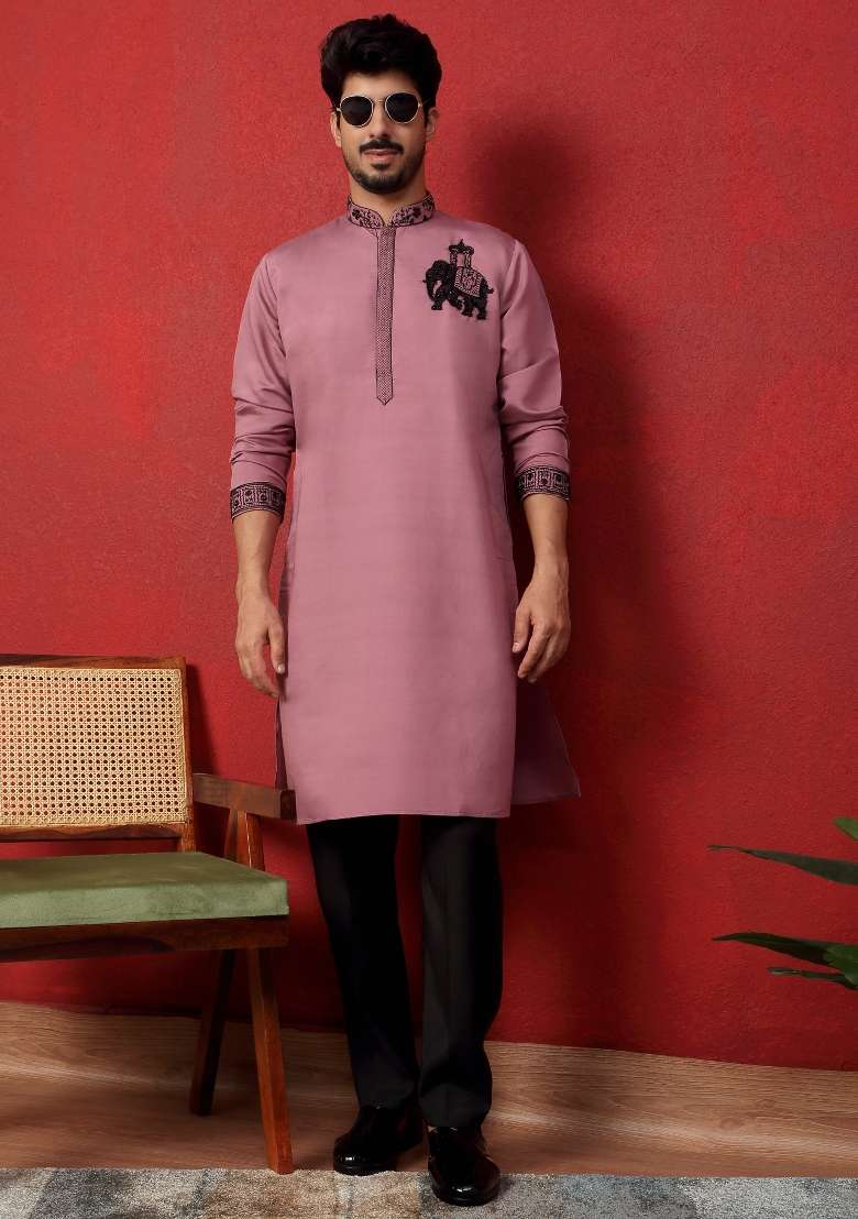 Mauve Embroidered Silk Blend Kurta For Men - Indya