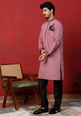 Mauve Embroidered Silk Blend Kurta For Men - Indya