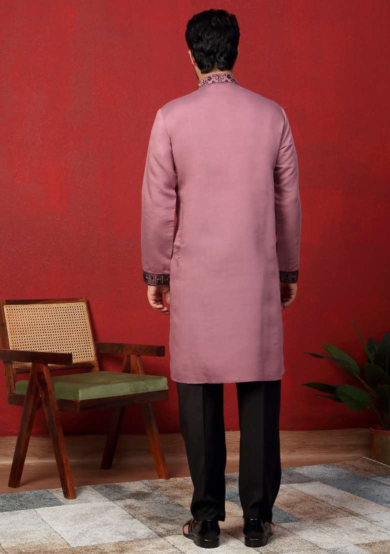 Mauve Embroidered Silk Blend Kurta For Men - Indya
