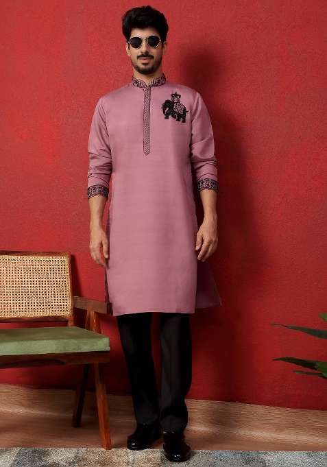 Mauve Embroidered Silk Blend Kurta For Men