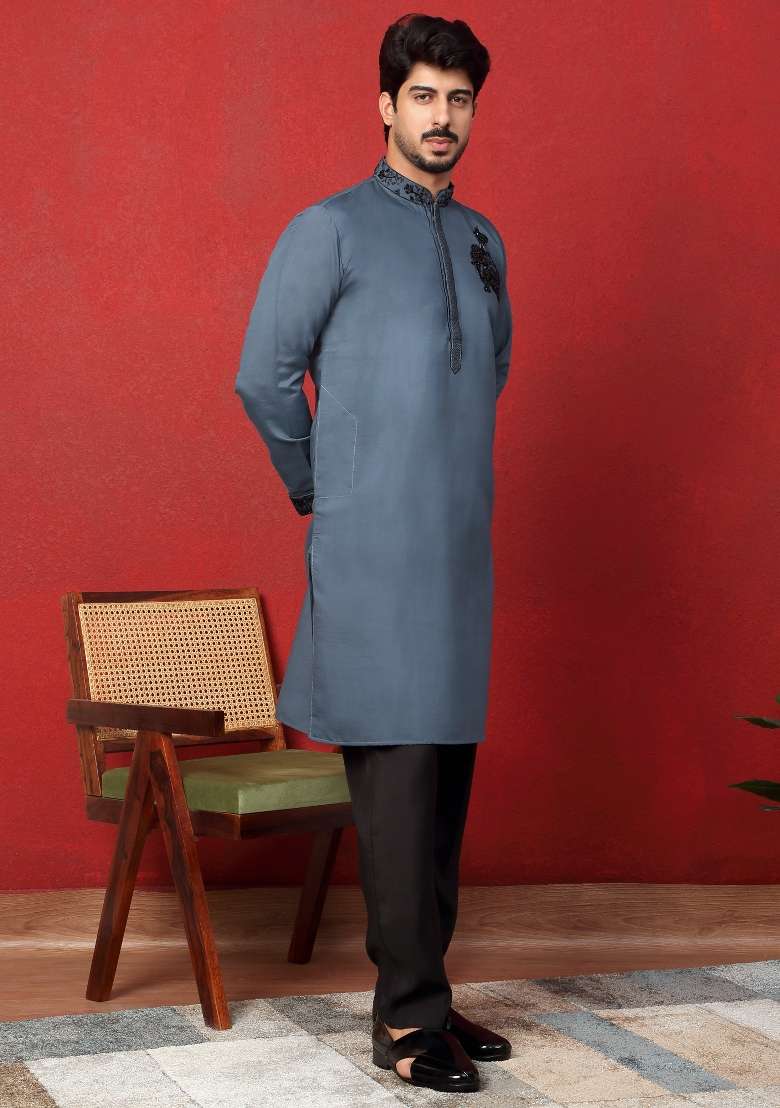 Grey Embroidered Silk Blend Kurta For Men - Indya