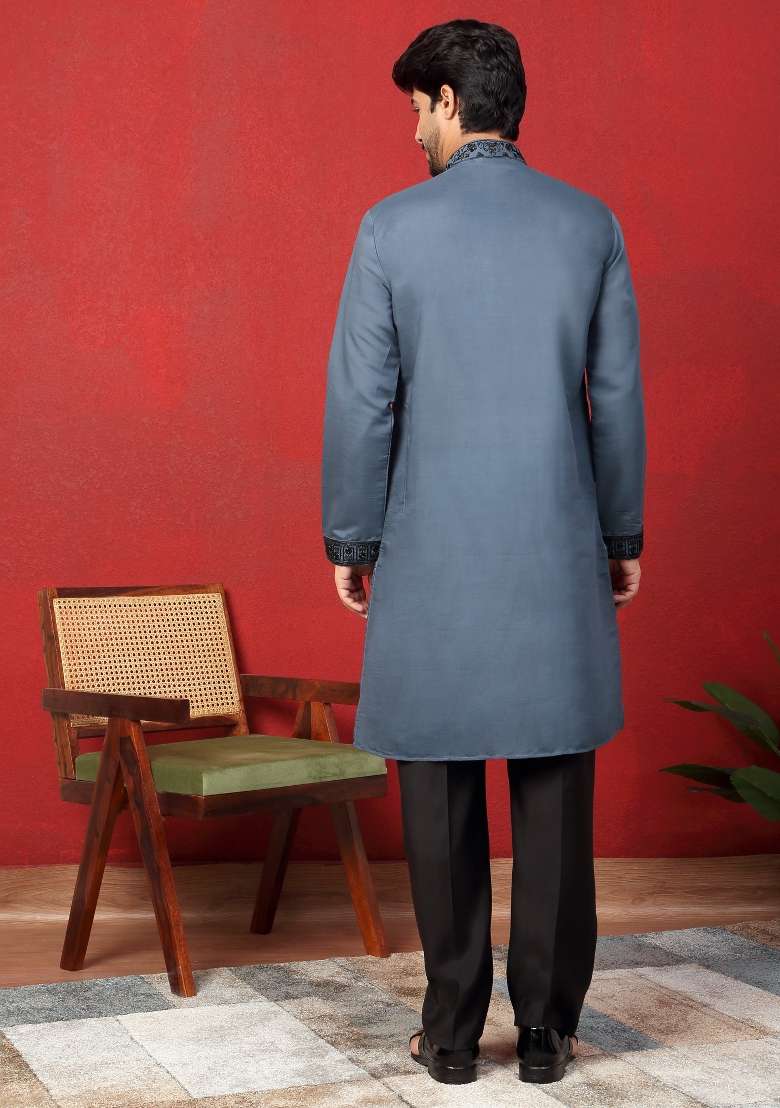 Grey Embroidered Silk Blend Kurta For Men - Indya