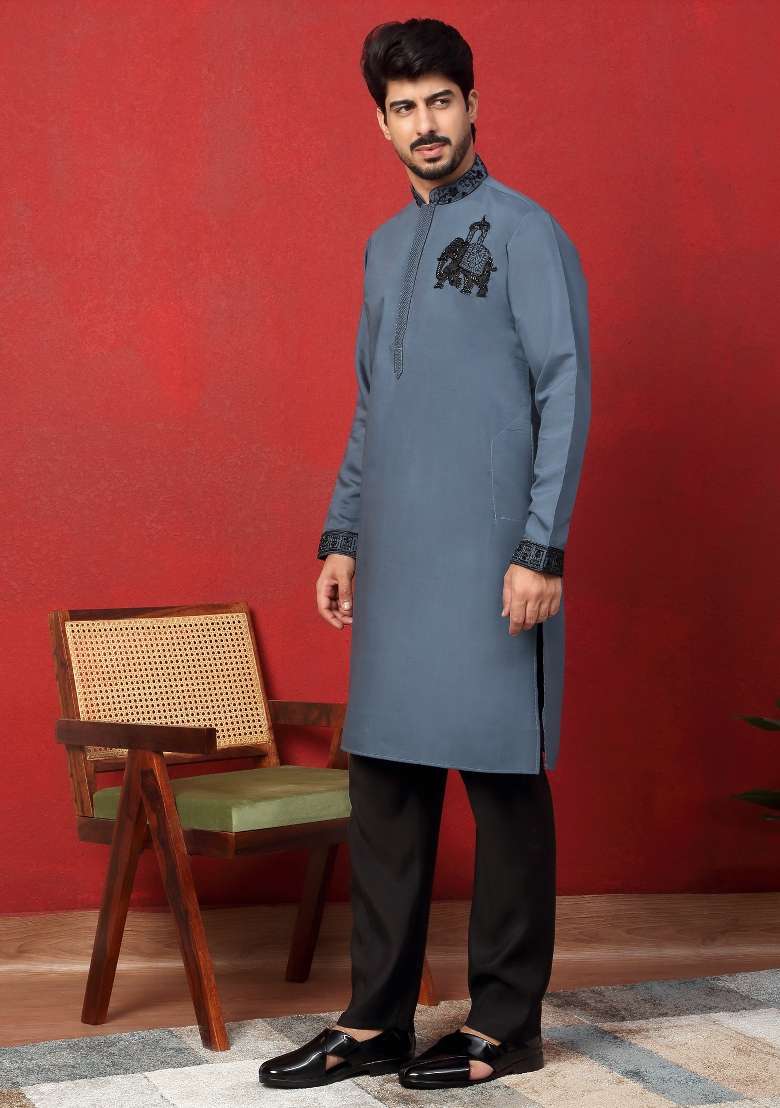Grey Embroidered Silk Blend Kurta For Men - Indya