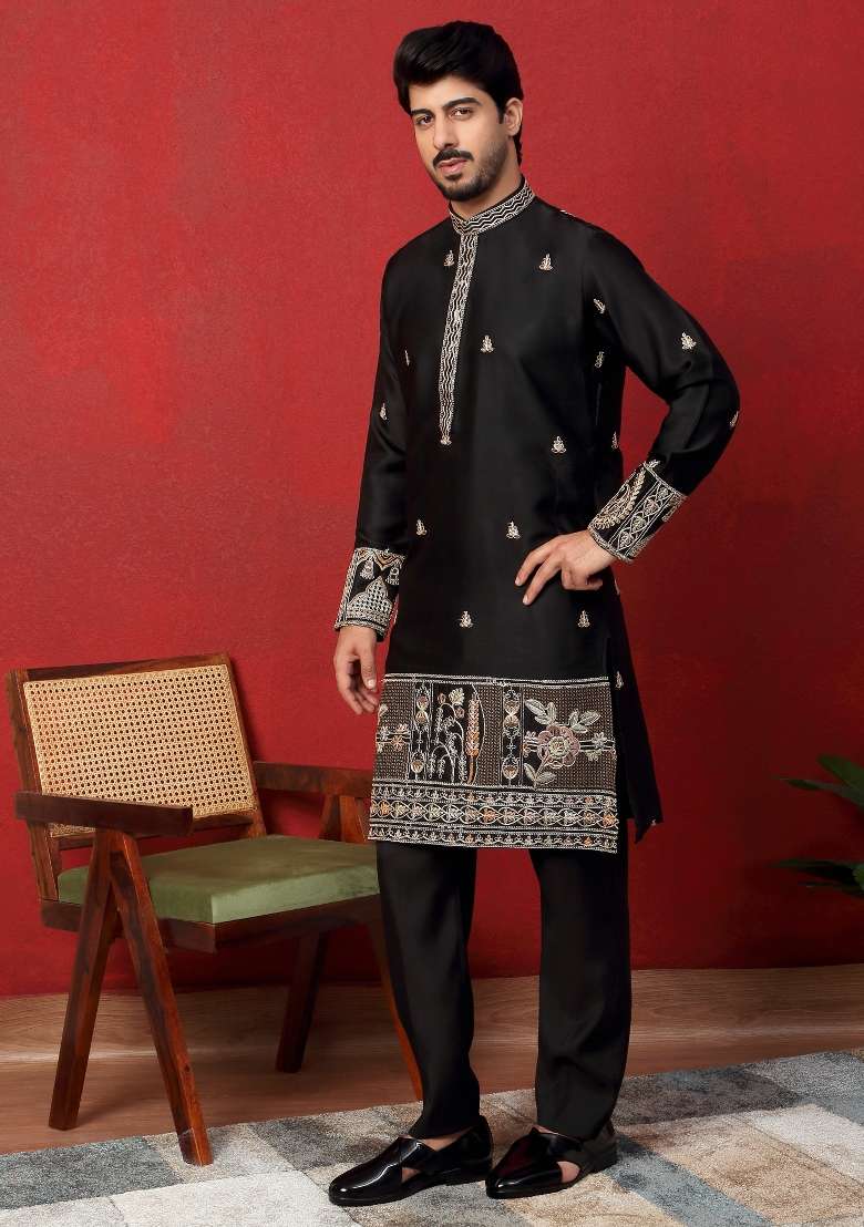 Black Embroidered Silk Blend Kurta For Men - Indya