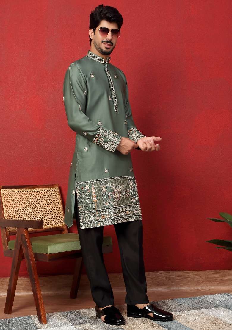 Green Embroidered Silk Blend Kurta For Men - Indya