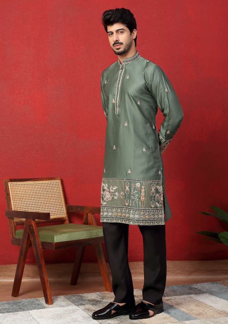 Green Embroidered Silk Blend Kurta For Men - Indya