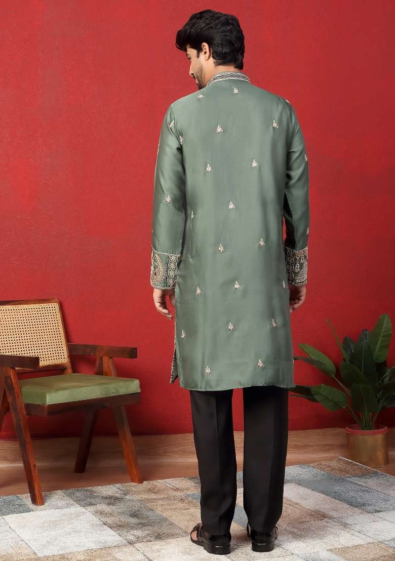 Green Embroidered Silk Blend Kurta For Men - Indya