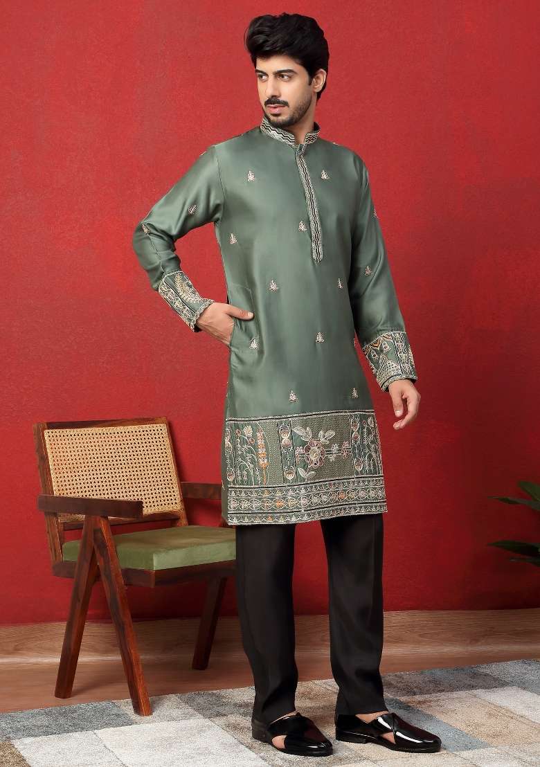 Green Embroidered Silk Blend Kurta For Men - Indya