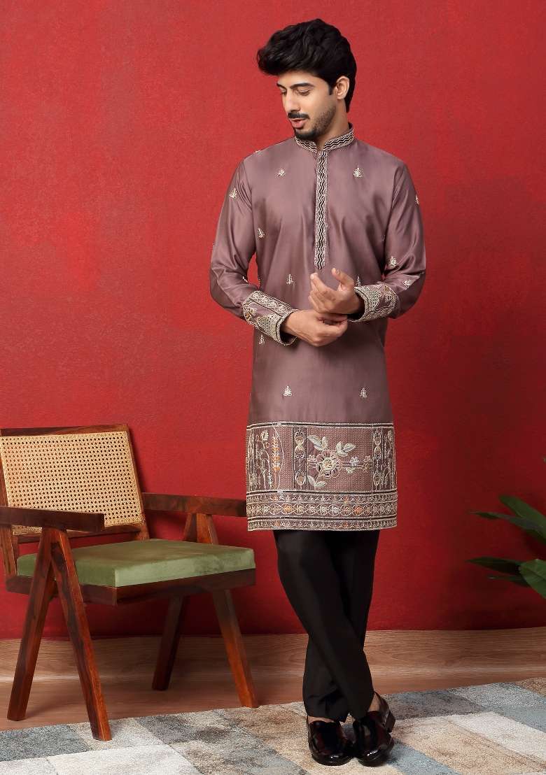 Mauve Embroidered Silk Blend Kurta For Men - Indya