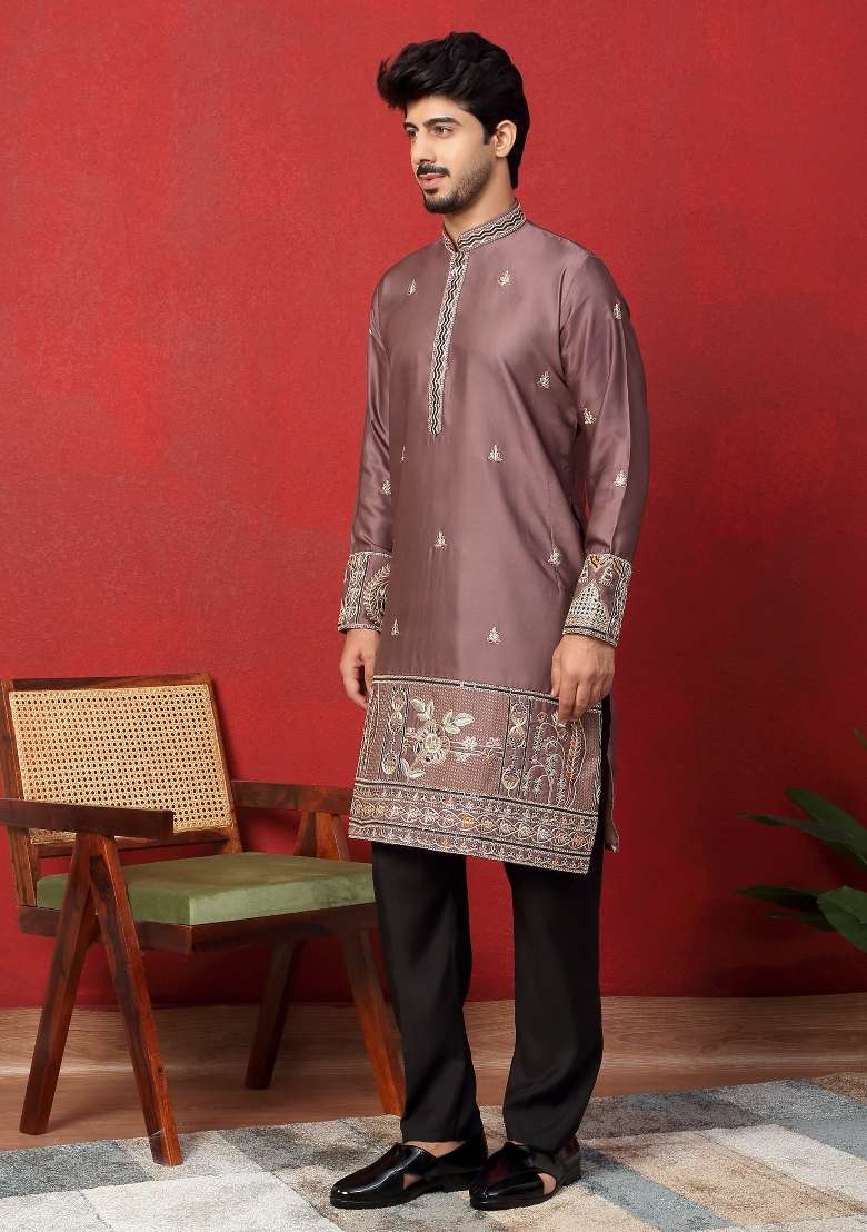 Mauve Embroidered Silk Blend Kurta For Men - Indya