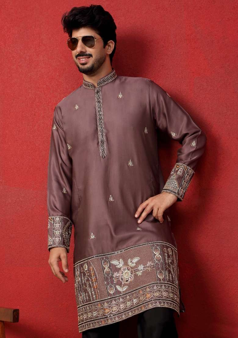 Mauve Embroidered Silk Blend Kurta For Men - Indya