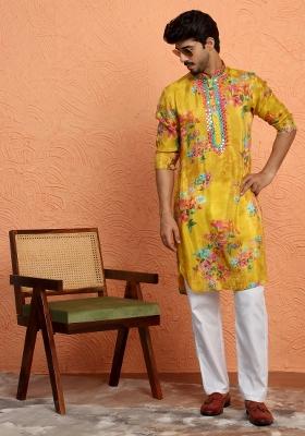 Mustard Yoke Design Silk Blend Kurta For Men