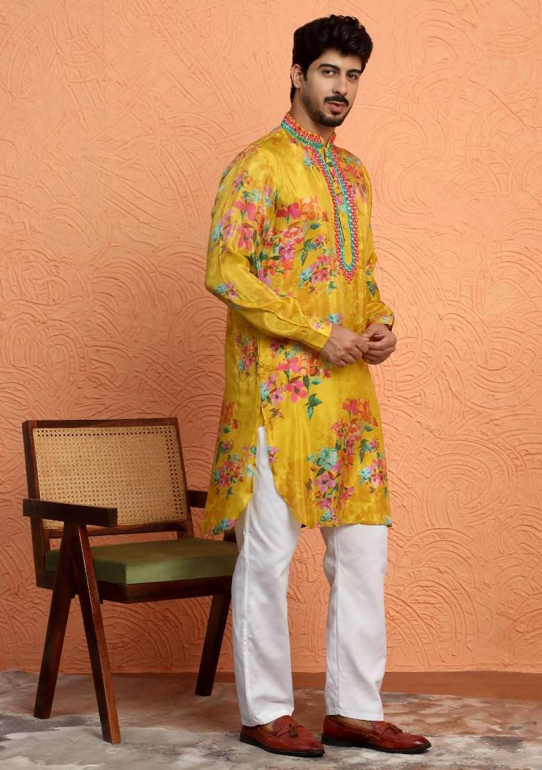 Mustard Yoke Design Silk Blend Kurta For Men - Indya