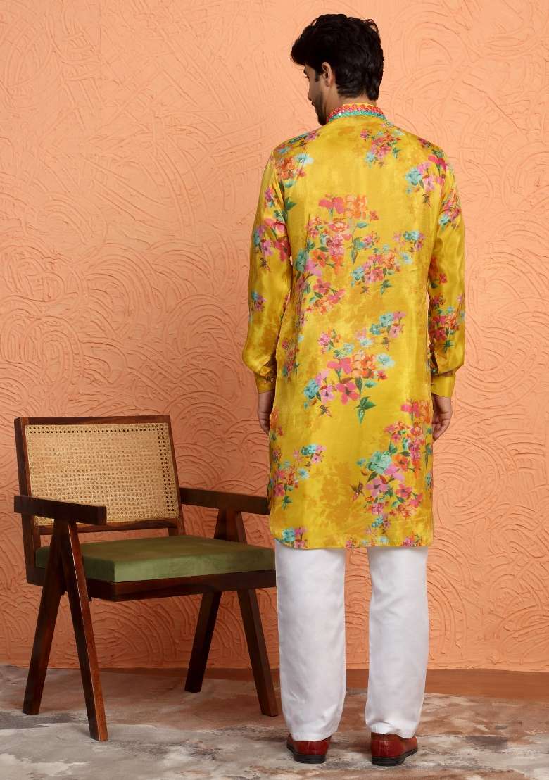 Mustard Yoke Design Silk Blend Kurta For Men - Indya