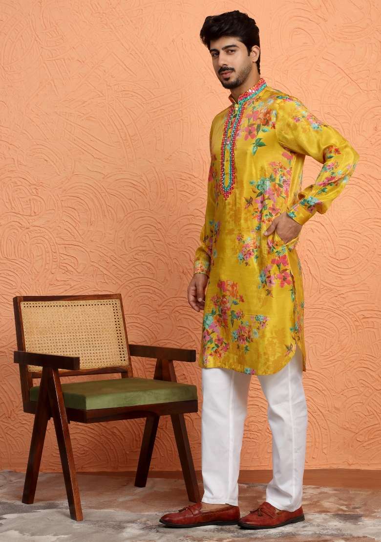 Mustard Yoke Design Silk Blend Kurta For Men - Indya