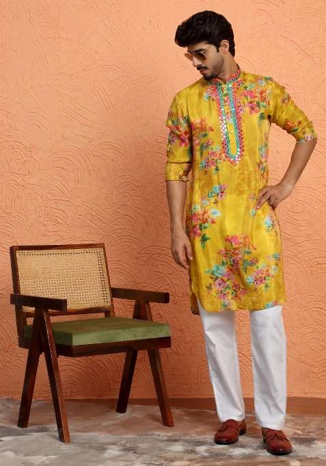 Mustard Yoke Design Silk Blend Kurta For Men