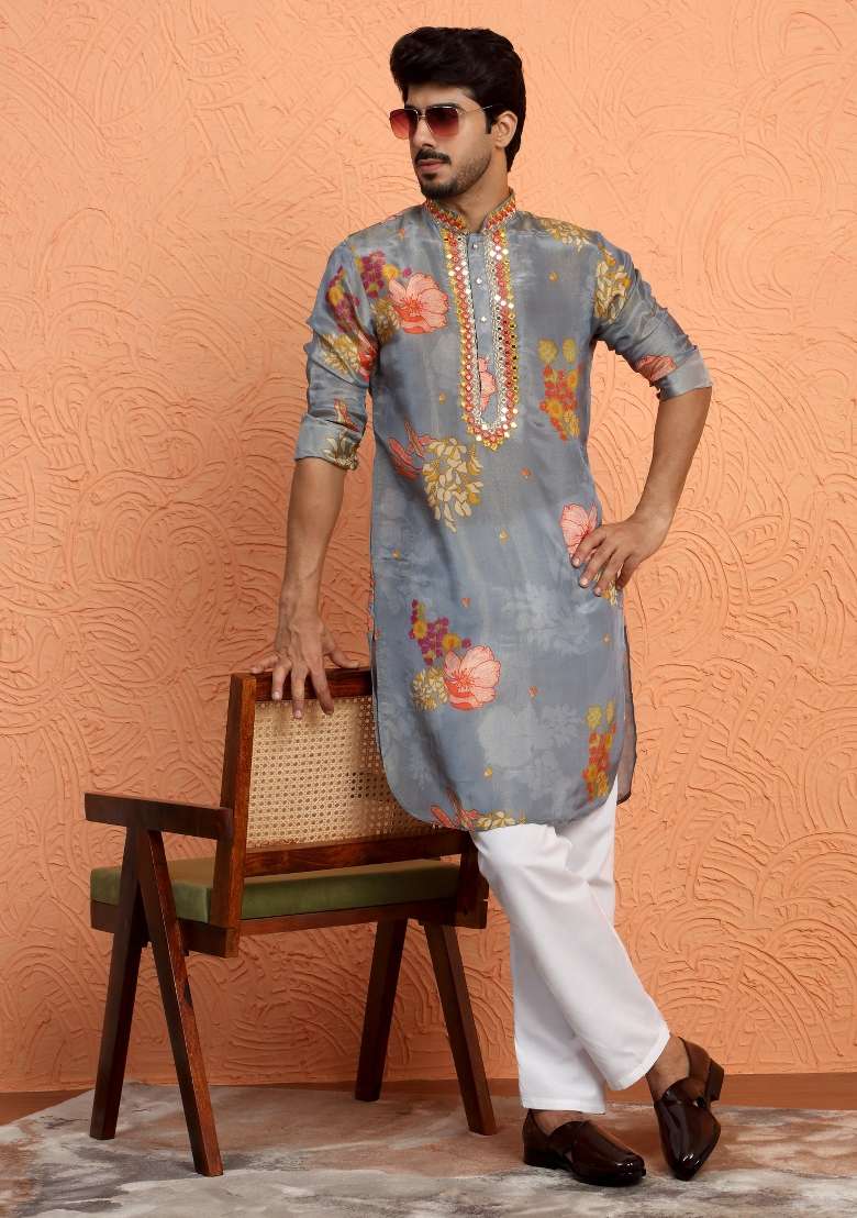 Grey Yoke Design Silk Blend Kurta For Men - Indya