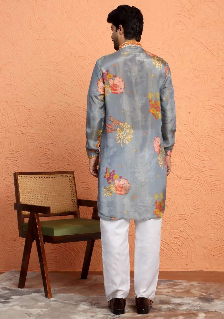 Grey Yoke Design Silk Blend Kurta For Men - Indya