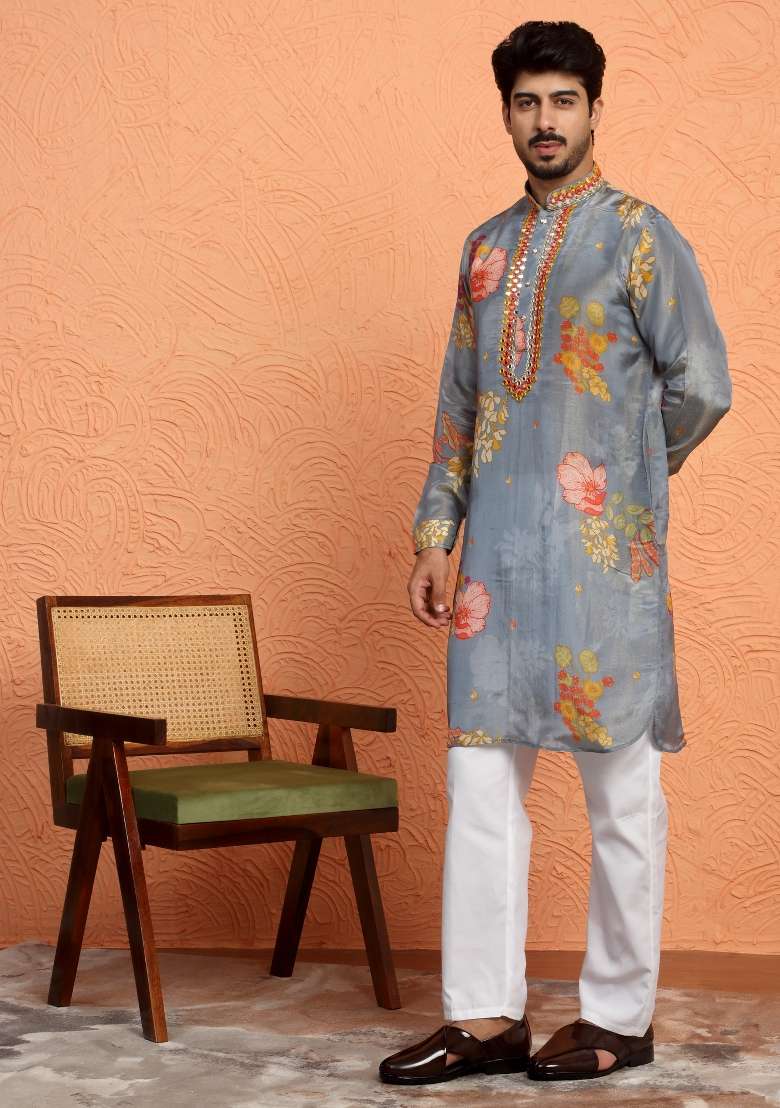 Grey Yoke Design Silk Blend Kurta For Men - Indya