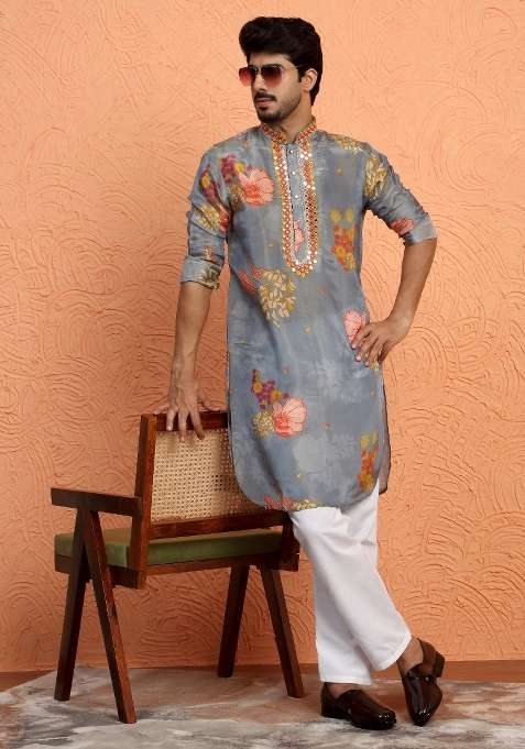 Grey Yoke Design Silk Blend Kurta For Men