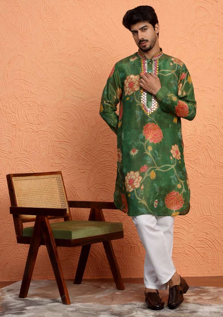 Green Yoke Design Silk Blend Kurta For Men - Indya