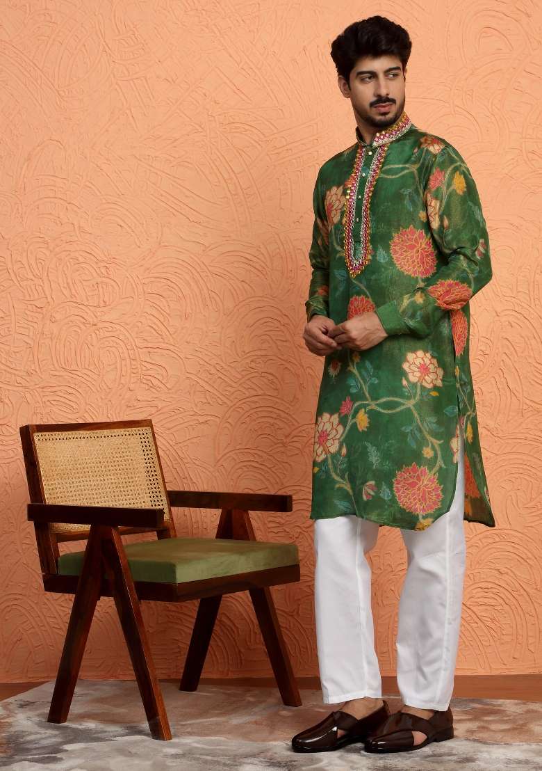 Green Yoke Design Silk Blend Kurta For Men - Indya