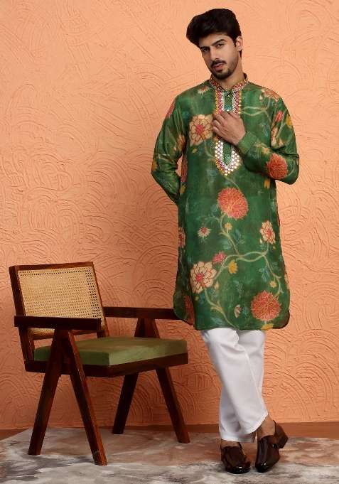 Green Yoke Design Silk Blend Kurta For Men