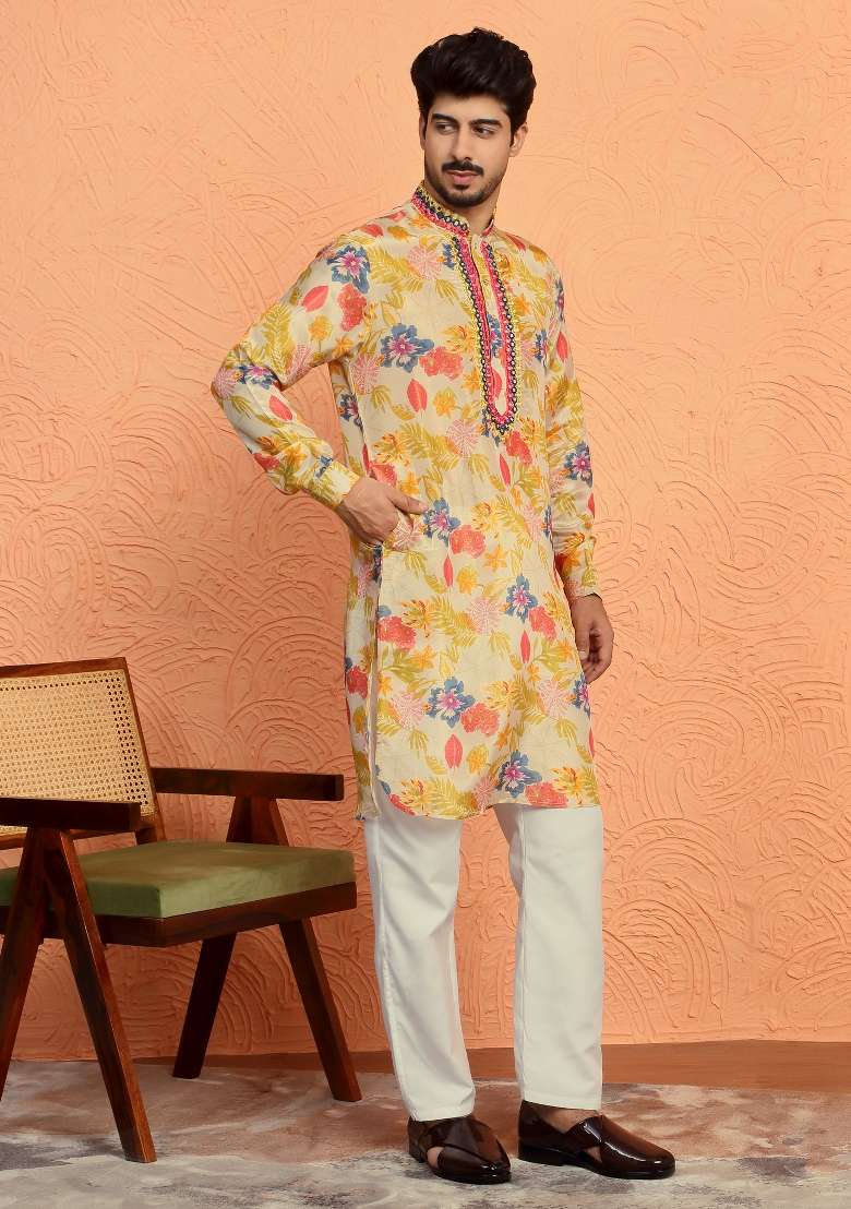 Beige Yoke Design Silk Blend Kurta For Men - Indya