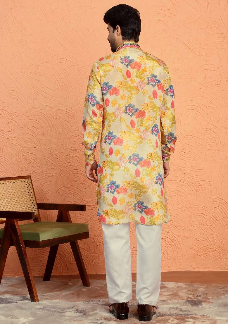 Beige Yoke Design Silk Blend Kurta For Men - Indya