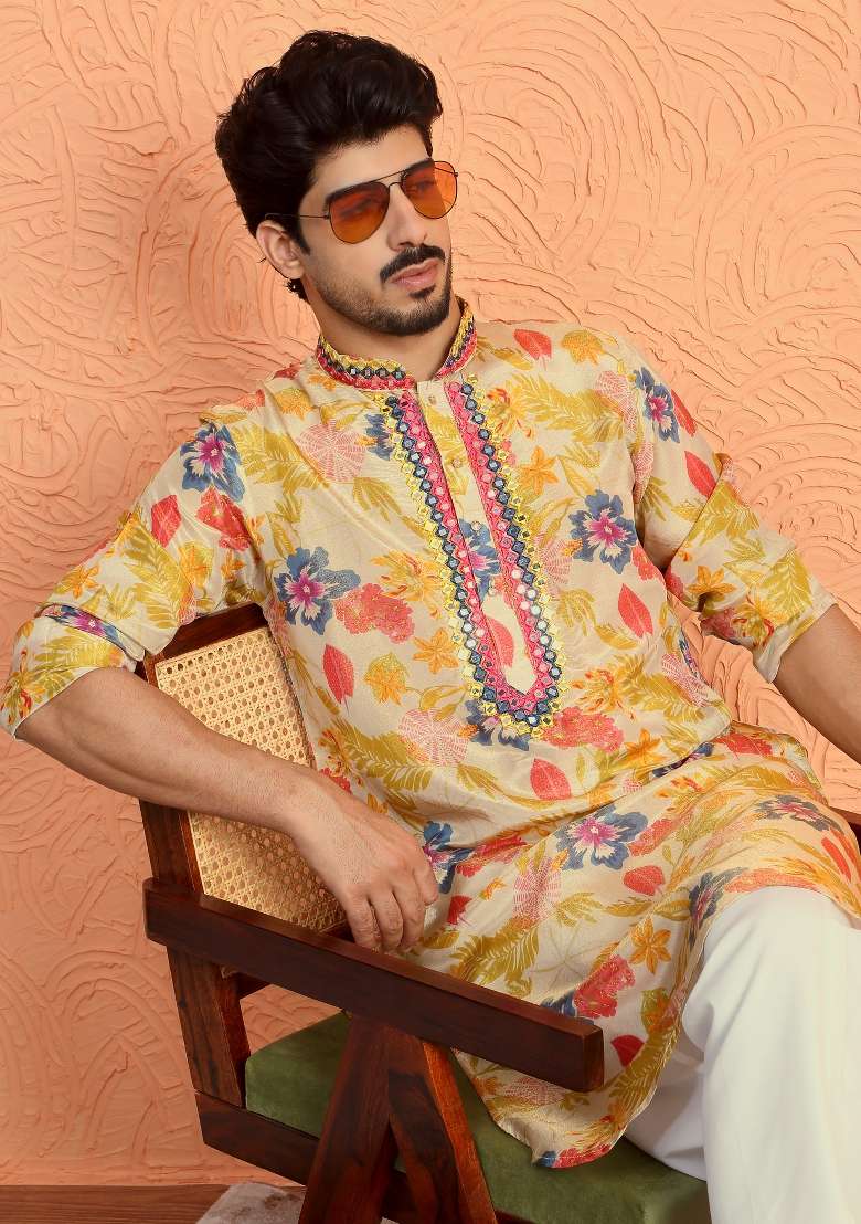 Beige Yoke Design Silk Blend Kurta For Men - Indya