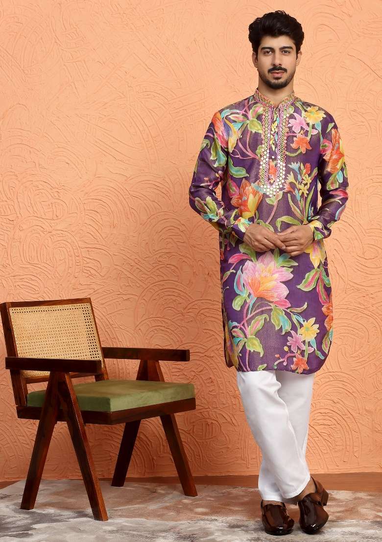 Purple Yoke Design Silk Blend Kurta For Men - Indya