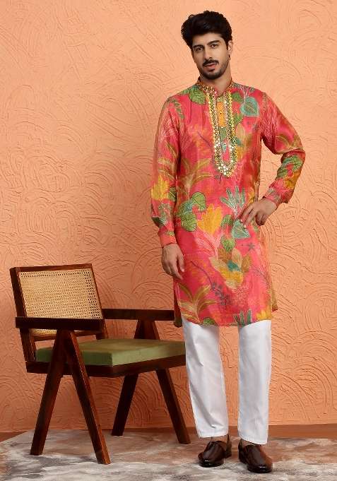Maroon Yoke Design Silk Blend Kurta For Men