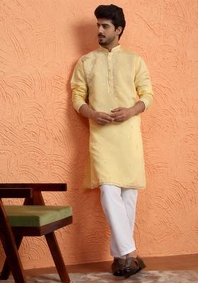 Yellow Embroidered Silk Blend Kurta For Men