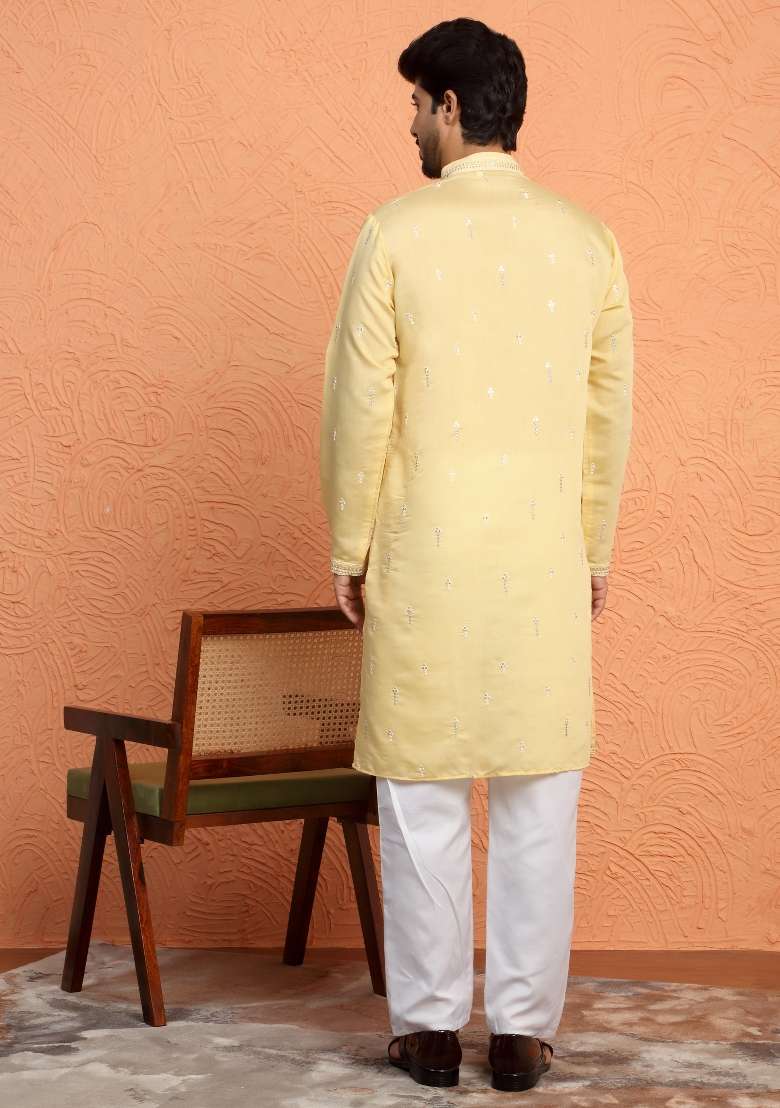 Yellow Embroidered Silk Blend Kurta For Men - Indya