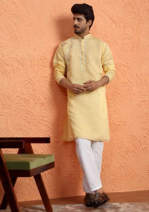 Yellow Embroidered Silk Blend Kurta For Men