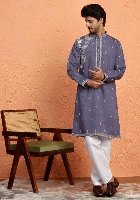 Purple Embroidered Silk Blend Kurta For Men