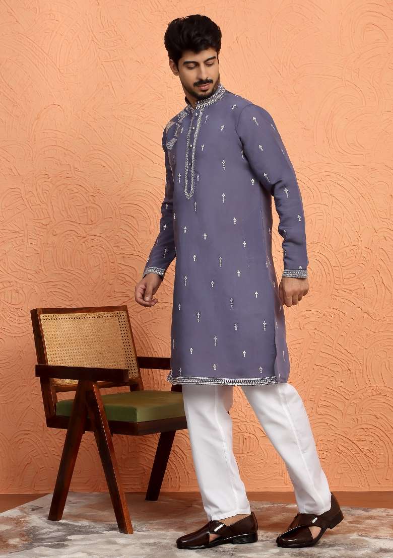 Purple Embroidered Silk Blend Kurta For Men - Indya