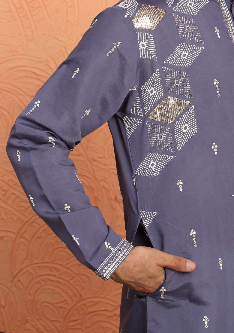 Purple Embroidered Silk Blend Kurta For Men - Indya