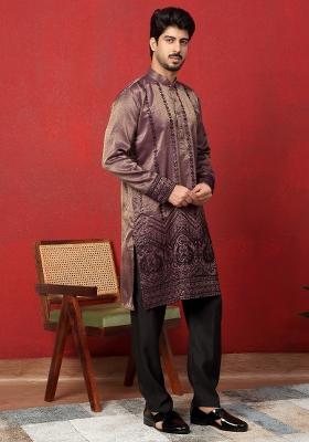 Purple Embroidered Silk Blend Kurta For Men