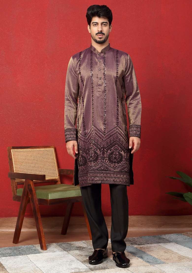 Purple Embroidered Silk Blend Kurta For Men - Indya