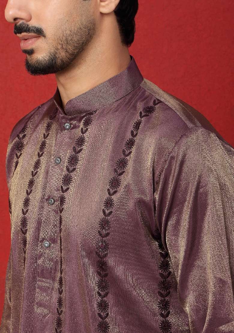 Purple Embroidered Silk Blend Kurta For Men - Indya