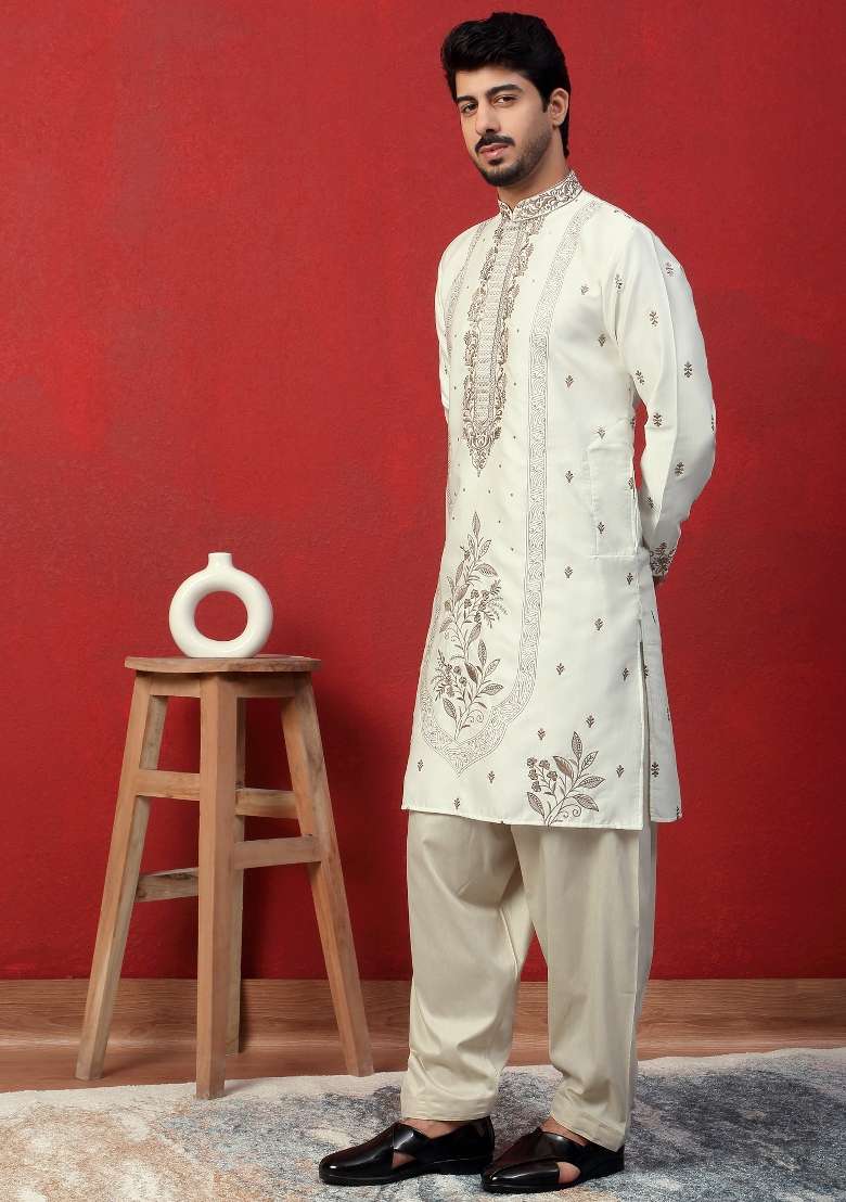 Cream Embroidered Silk Blend Kurta For Men - Indya