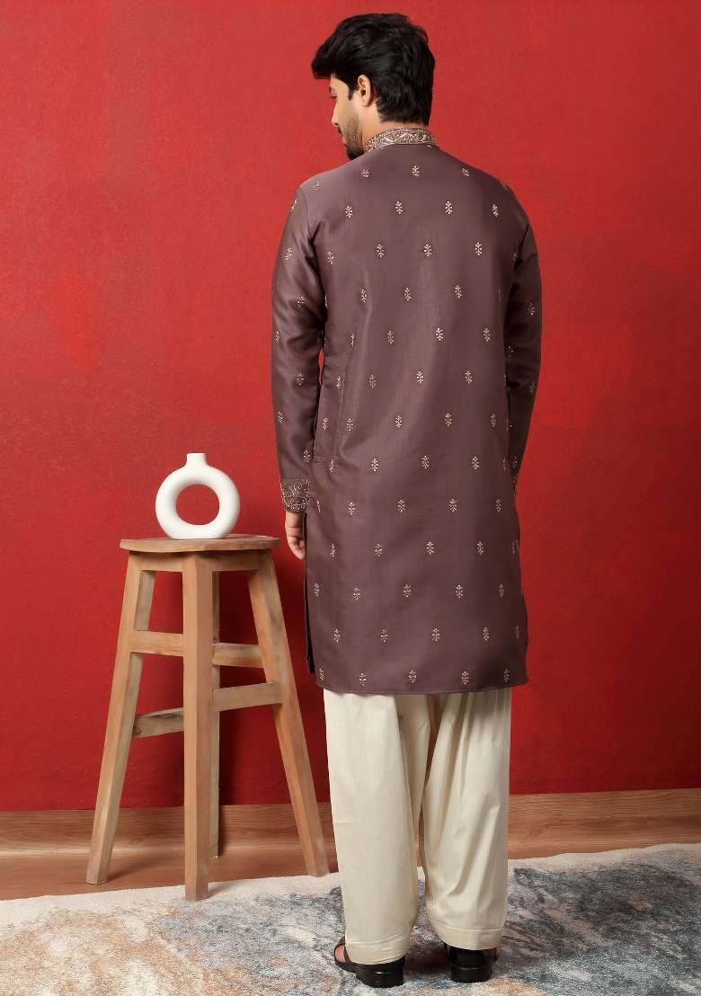 Mauve Embroidered Silk Blend Kurta For Men - Indya