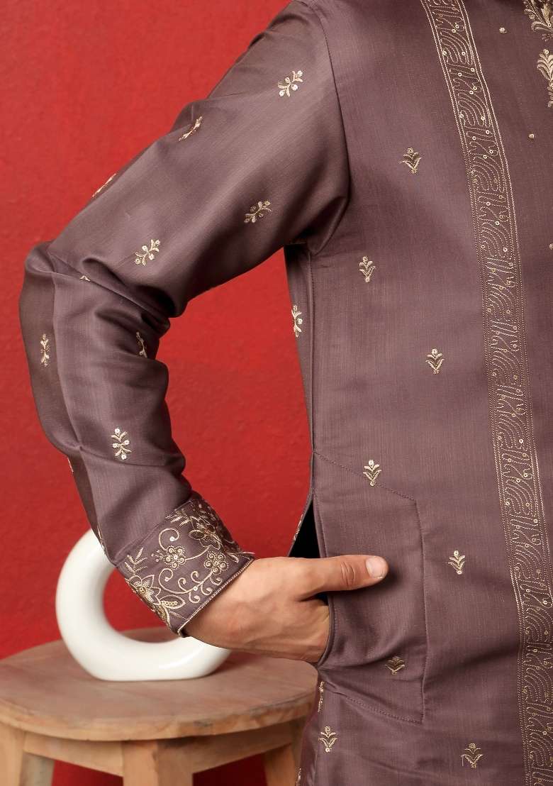 Mauve Embroidered Silk Blend Kurta For Men - Indya