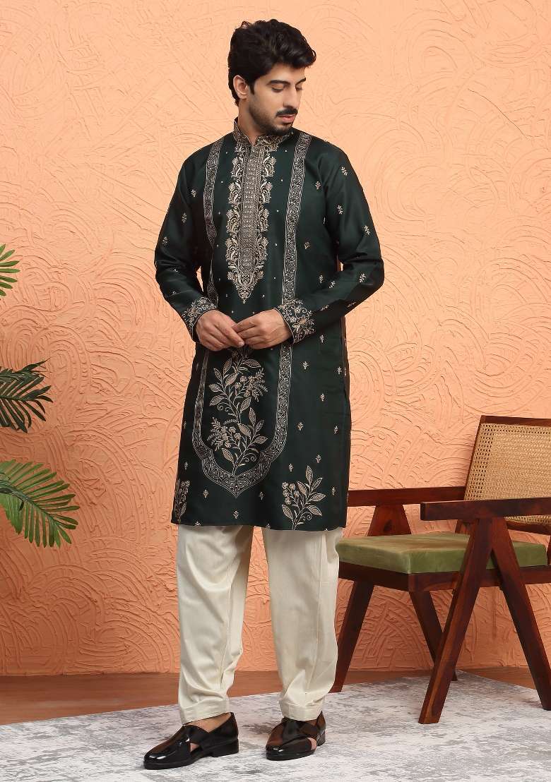 Green Embroidered Silk Blend Kurta For Men - Indya