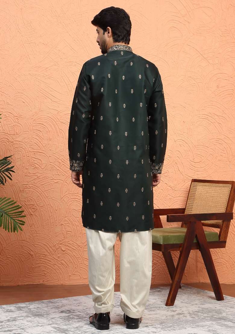 Green Embroidered Silk Blend Kurta For Men - Indya